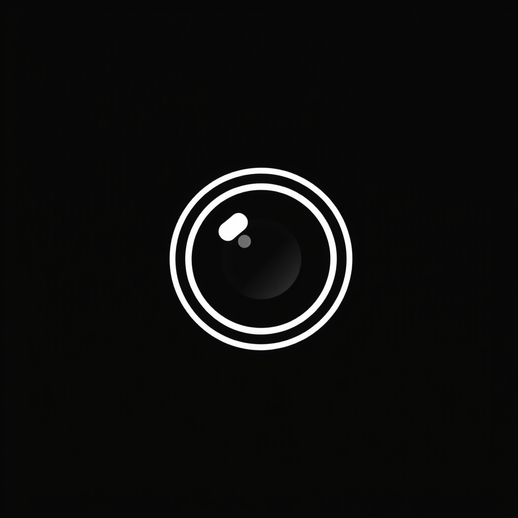 Minimalist Logo idea: minimalist logo, simple geometric mark for Minimal round white camera lens, 2 clean rings, black background, no camera body. Add “photo_ale.jpg” curve