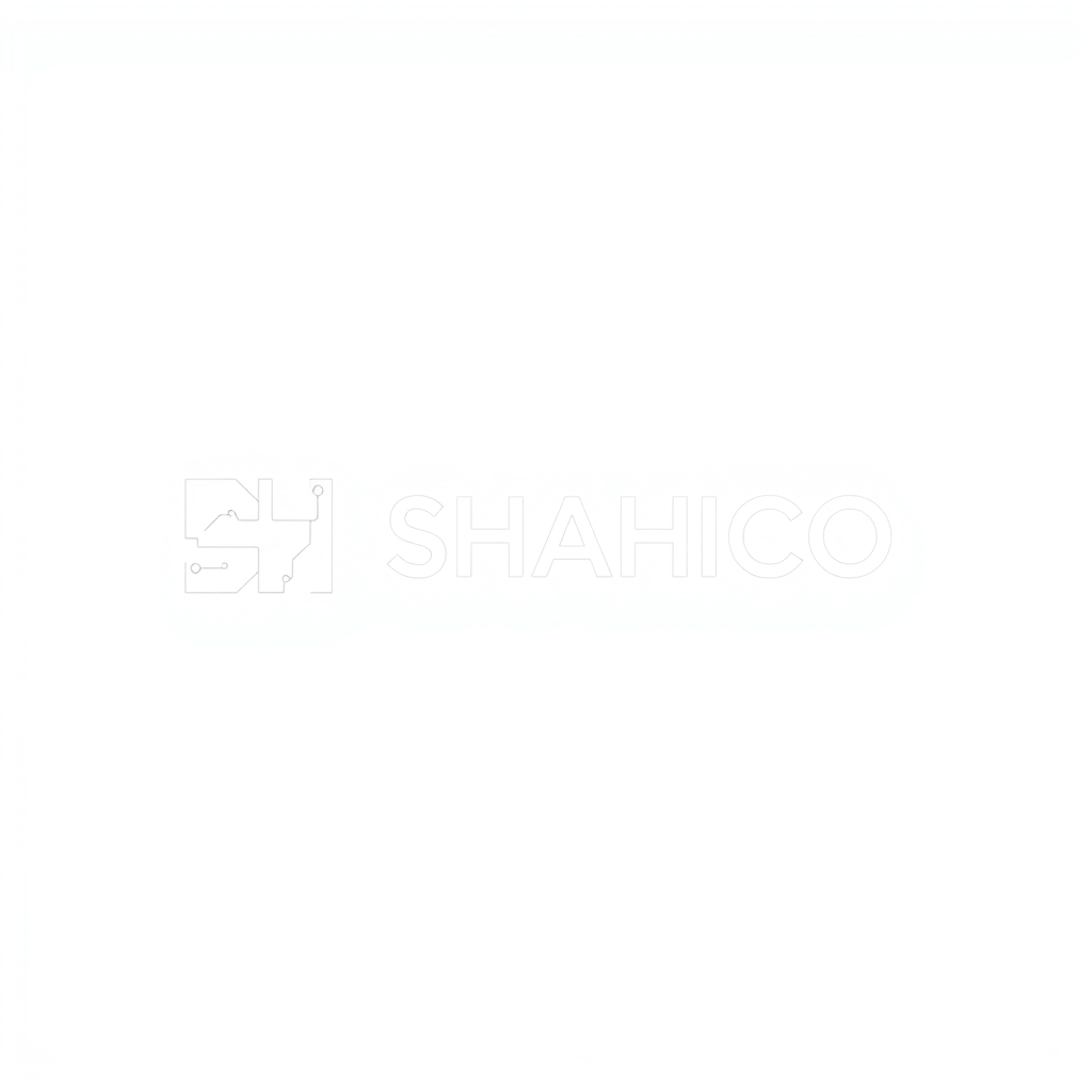 Main logo studio: Create a clean minimalist wordmark for "SHAHICO". Design a highly distinctive "SH" monogram using only a few elegant geometric lines inspired by indus