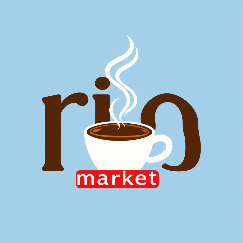 Main logo studio: Make a logo for "RIO" market. include both "rio" and "market". and include a cup of coffee with steam. Must use lightblue background. everything else