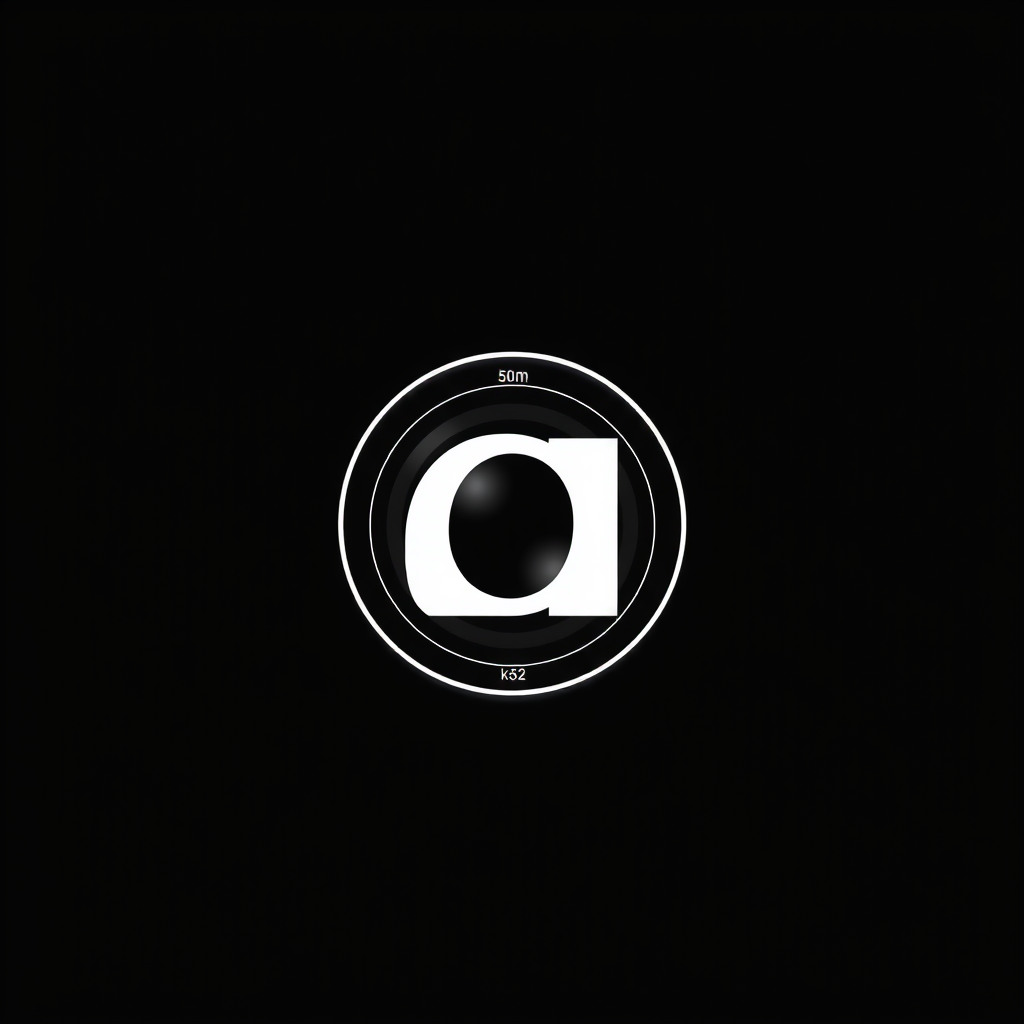 Minimalist Logo idea: minimalist logo, simple geometric mark for Minimalist black and white logo for "photo_ale.jpg". Sleek 50mm camera lens viewed from the front, with sim