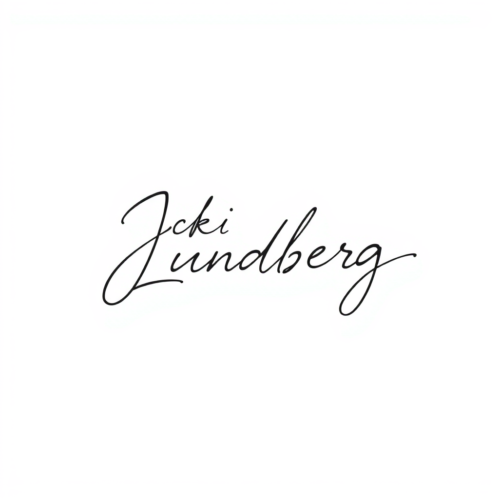 Signature Logo idea: signature logo of the name Artistic drawing signature of Jacki Lundberg , elegant handwritten calligraphy, flowing script lettering, personal signatur
