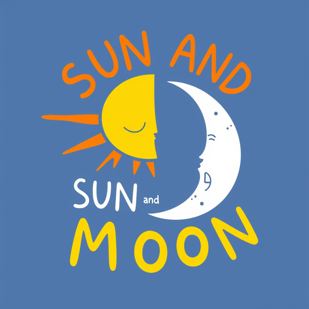 Main logo studio: make it like a kid has drawn it a sun and a moon with the words "SUN AND MOON" vector graphic style happy and together to make a full circle