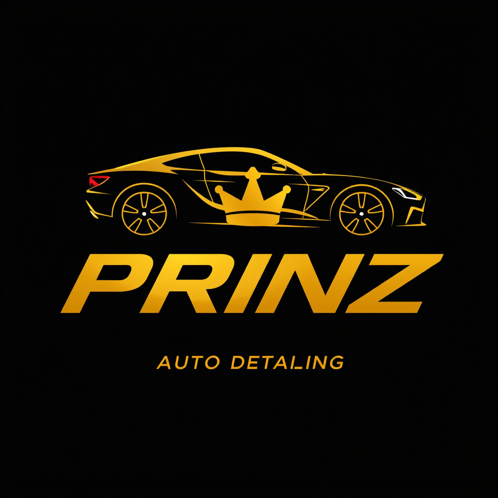 Main logo studio: Erstelle ein sportliches, hochwertiges Logo für eine Autoaufbereitungs-Marke namens PRINZ. Schwarzer Hintergrund, goldene Schrift, moderne aggressive