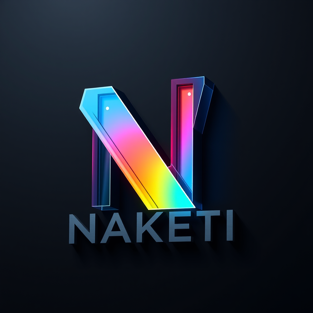 Main logo studio: A professional logo for an outdoor advertising factory named "NAKETI". The logo icon is a 3D volumetric letter "N" made of layered materials: glossy v
