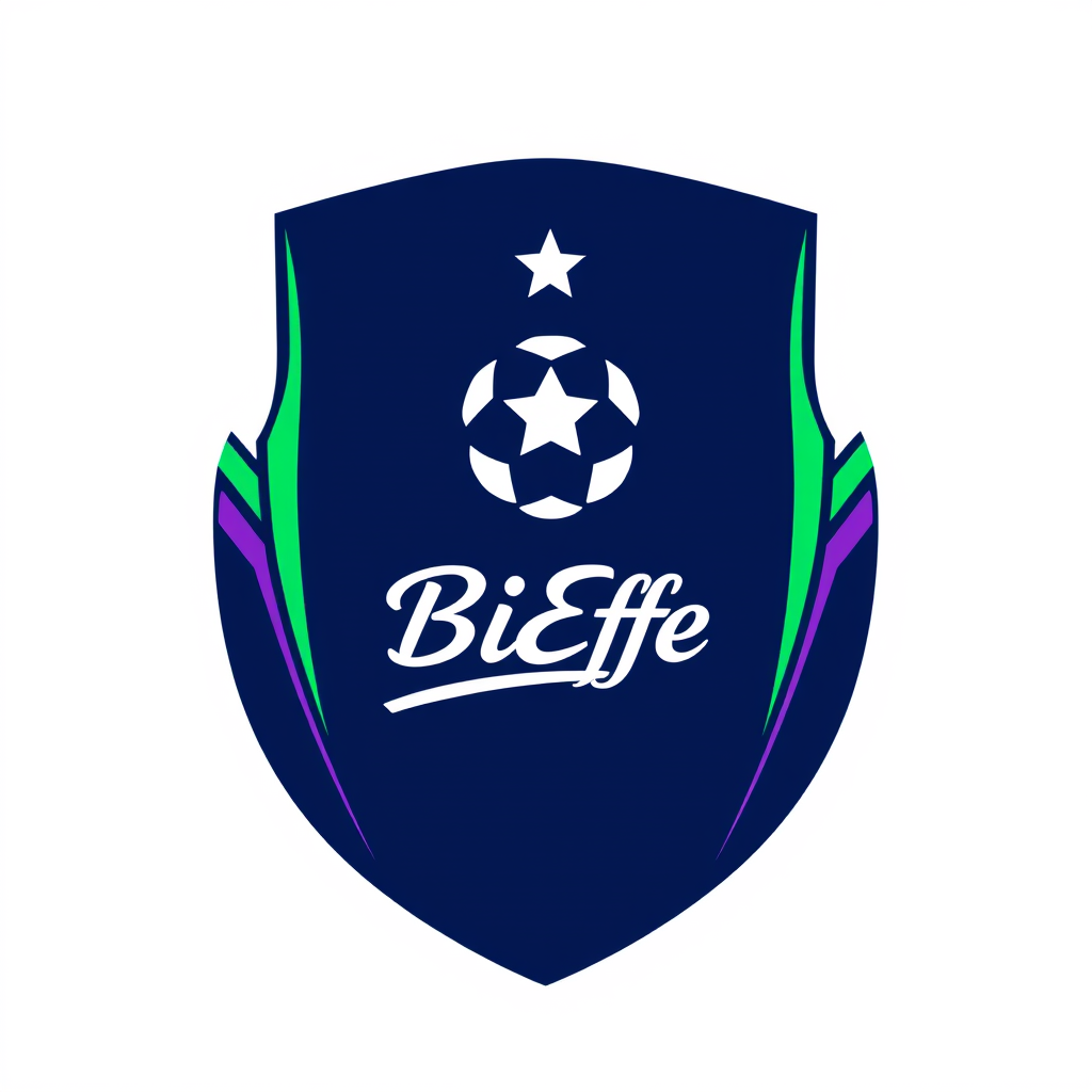 Main logo studio: ogo sportivo vettoriale per squadra di calcio/eSports. Scudo moderno blu navy con dettagli verde smeraldo e viola. Al centro un pallone da calcio bian