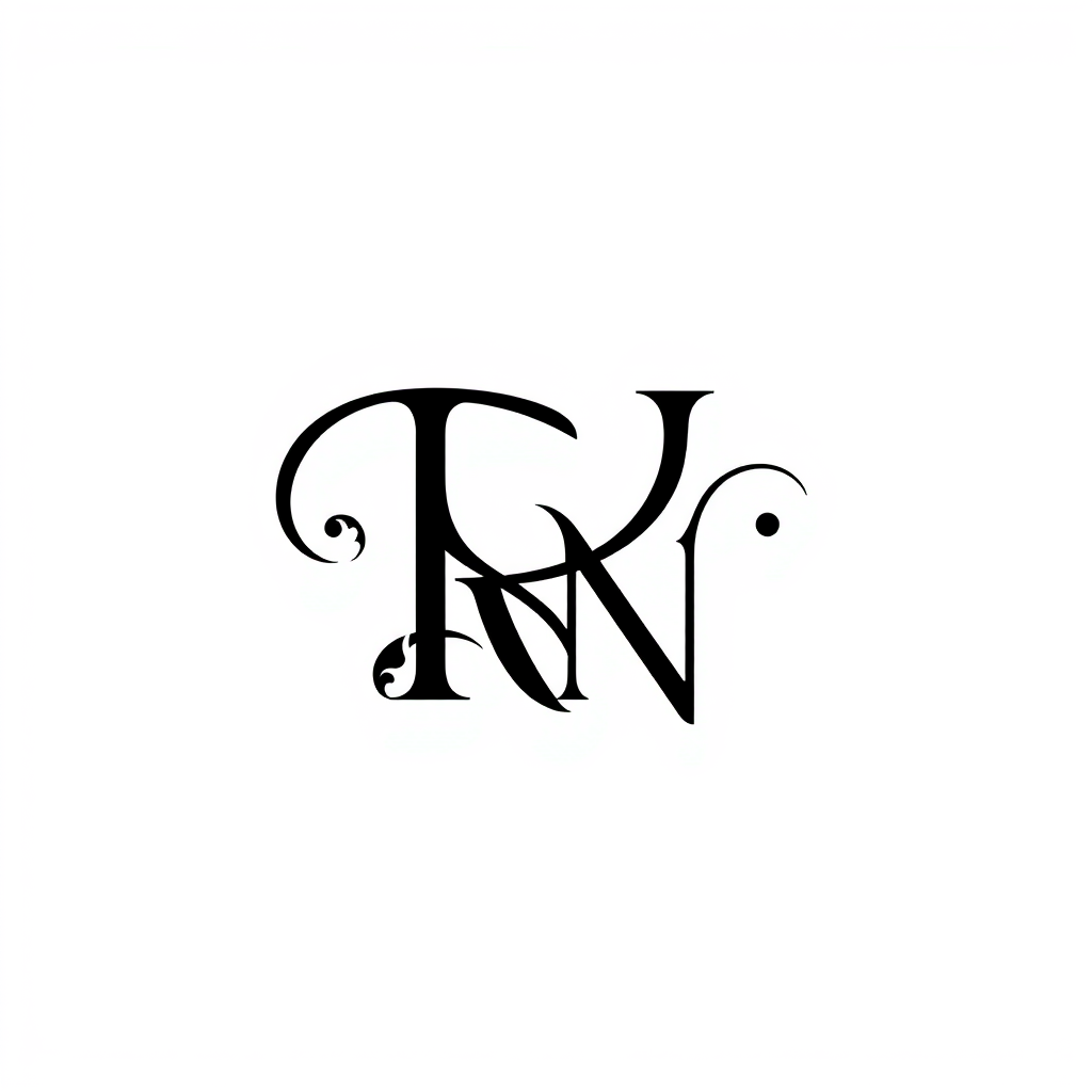 Monogram Logo idea: monogram logo combining the letters RN , elegant intertwined letterforms, flat vector logo, centered, solid white background, high contrast, luxury br