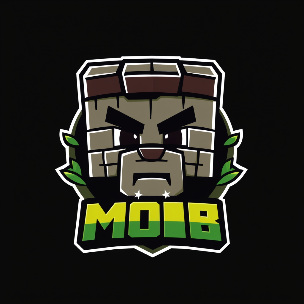 Main logo studio: Minecraft-inspired esports logo called “MOB LEAGUE”. A bold blocky villager head as the mascot, front-facing, funny but intimidating, chunky gaming ty