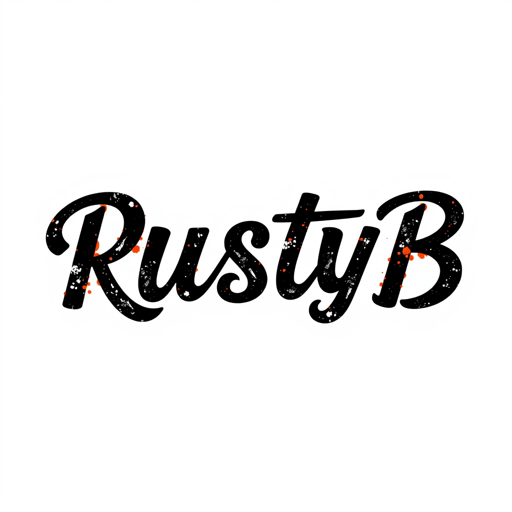 Main logo studio: A "RustyB" logo, on cursive font but not elegant at all, letters are black and just white around the letters, and it makes it look like the letters ar