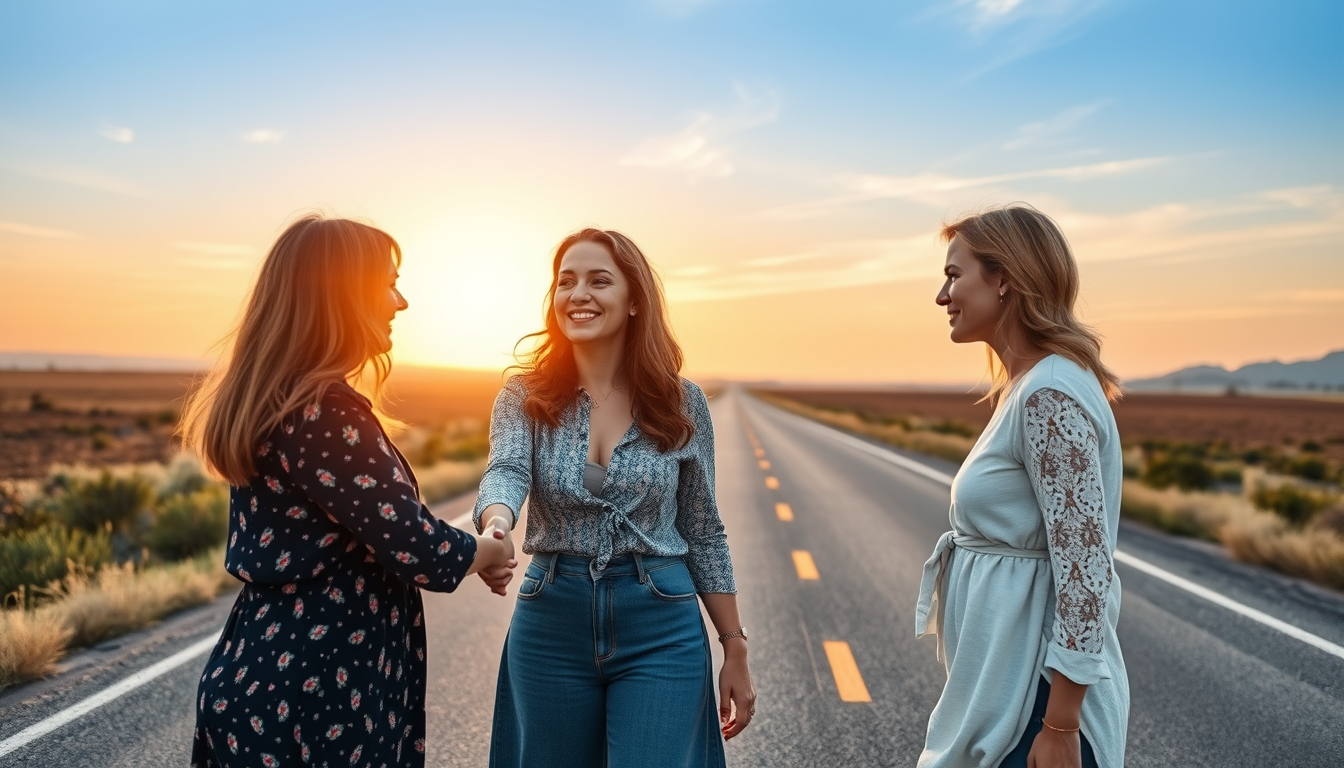 Main logo studio: A woman meets two women on a beautiful open road, sharing a warm handshake. Natural colors, golden light, divine energy, spiritual connection and peac