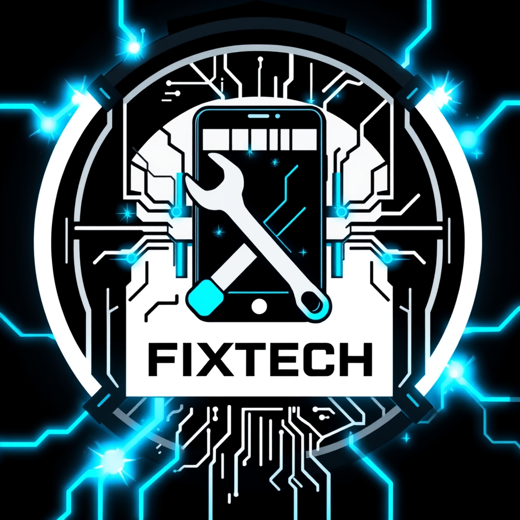 Main logo studio: FIXTECH, bold futuristic technology repair logo. Create a unique abstract symbol combining electronic circuits, energy sparks and precision repair, fo