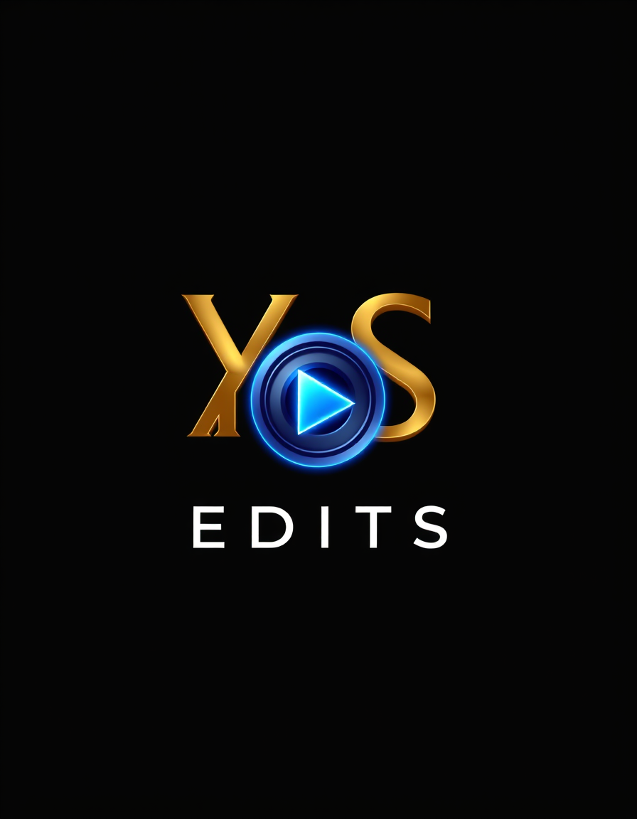 Main logo studio: Create a luxury cinematic logo for "YS Edits", a professional video editing studio. Use a black background, gold metallic YS letters, electric blue gl