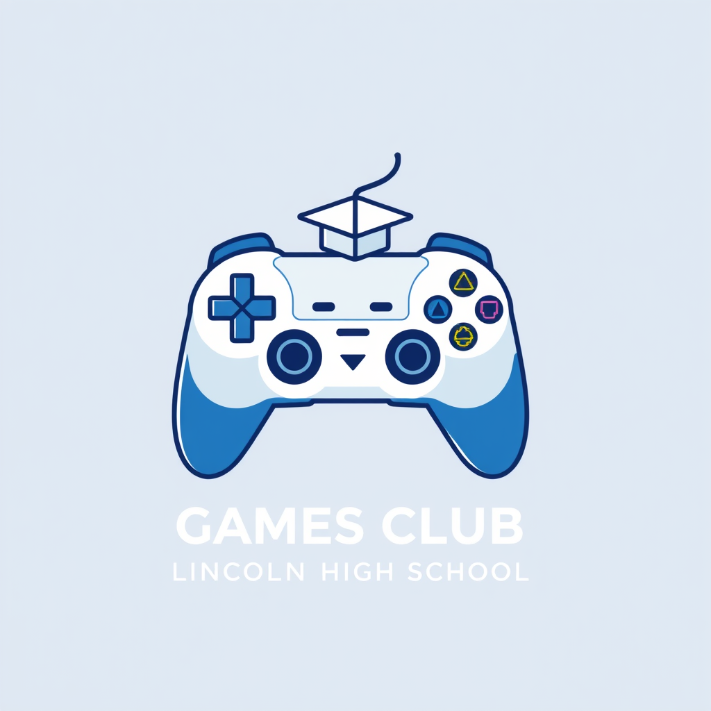 Main logo studio: Create an original school club logo for “Video Games Club” at Lincoln High School, Seattle, USA. Make a modern gaming controller combined with a subtl