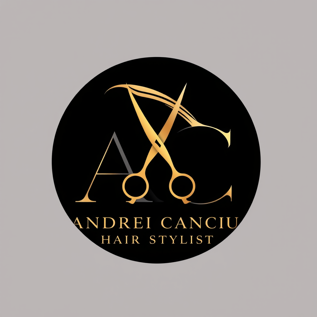 Main logo studio: “ANDREI CANCIU HAIR STYLIST. Elegant minimalist logo for a male professional hair stylist. Use the initials AC combined with a subtle pair of scissors