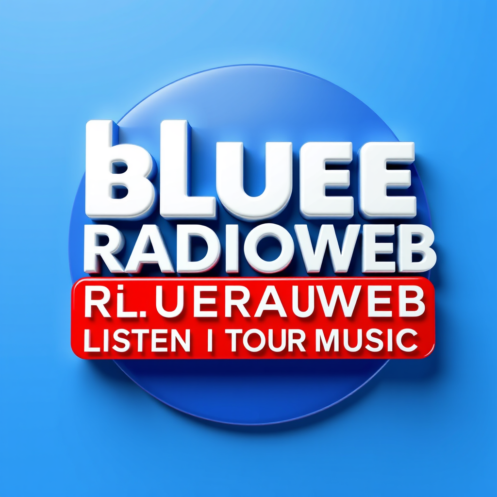 3D Logo idea: 3D logo for Générer un logo radio 3D au nom de BLUERADIOWEB écrit en blanc dans un fond de couleur bleu foncé avec le slogan LISTEN TO YOUR MUSIC écri