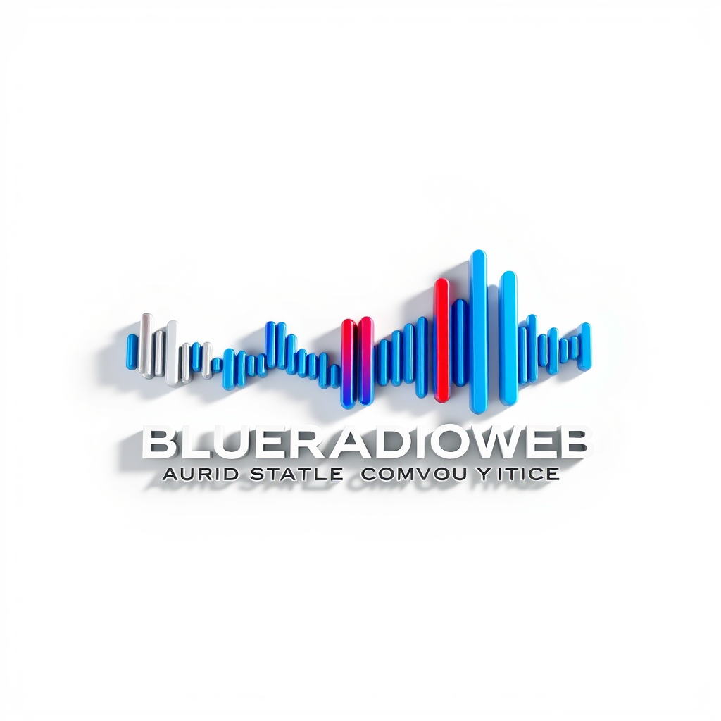 3D Logo idea: 3D logo for BLUERADIOWEB LISTEN TO YOUR MUSIC a music tech brand, sound wave white blue red , three-dimensional render, realistic depth and shadows, g