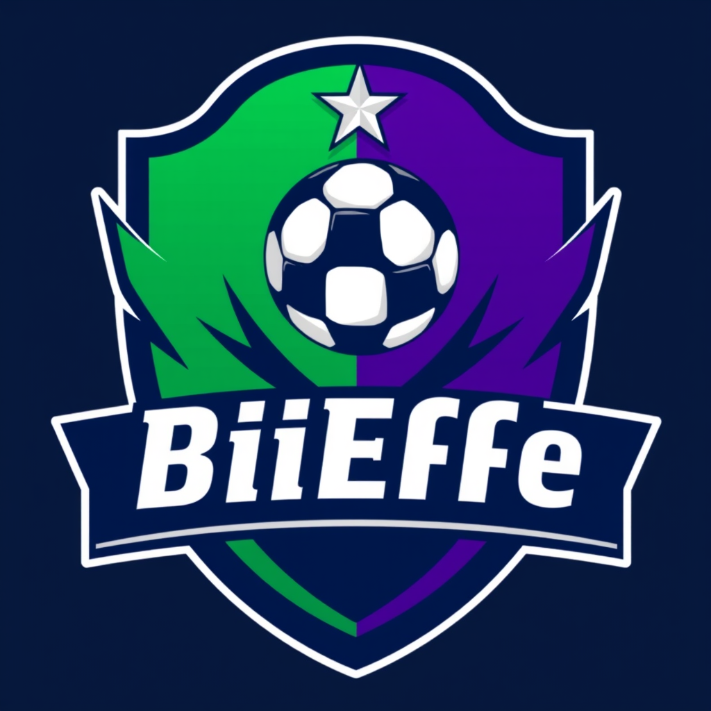 Main logo studio: ecreate a professional soccer club logo with the same composition: vertical shield shape with a thick dark navy outline, left half emerald green and r