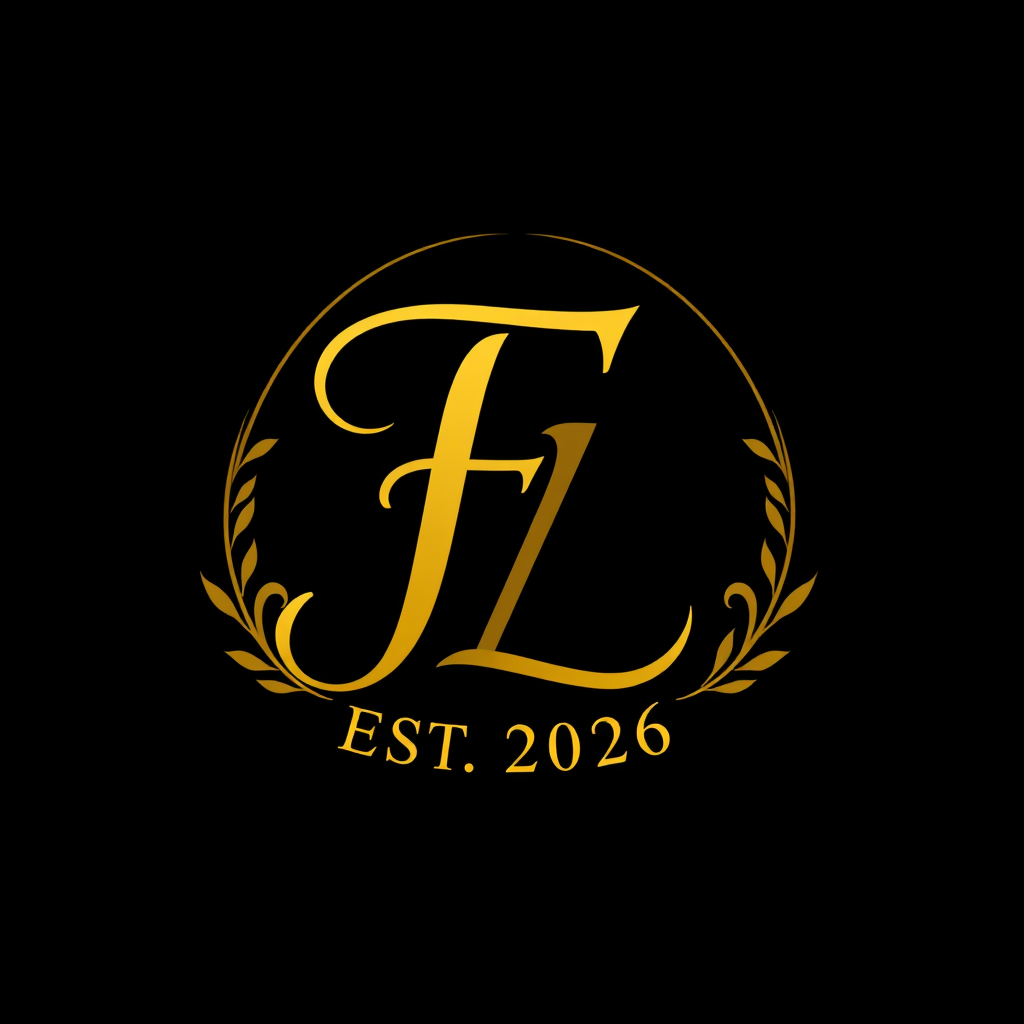 Main logo studio: elegant monogram logo combining letters F and L, gold, luxury brand Write EST. 2026