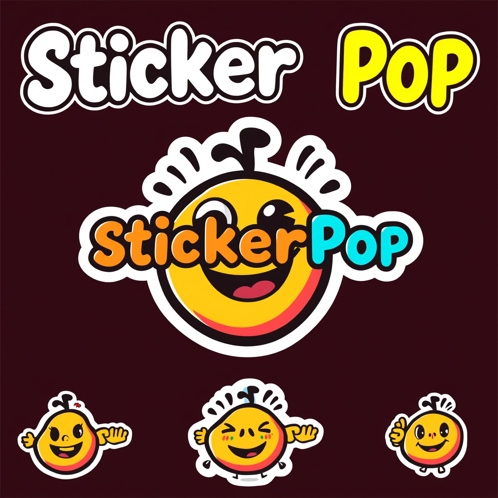 Main logo studio: Create a fun sticker brand logo called StickerPop. Make it bold, colorful, playful, and meme-inspired, with a funny expressive symbol as the main part