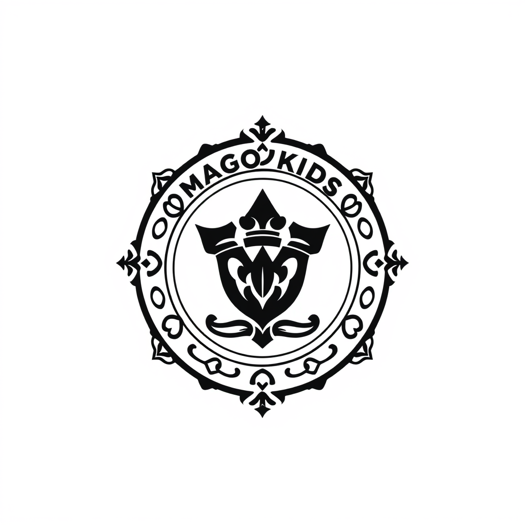 Emblem Logo idea: emblem logo of MAGOKIDS PHONE MKOPO , intricate crest seal badge design, symmetrical emblem, detailed border ornament, flat vector logo, centered comp