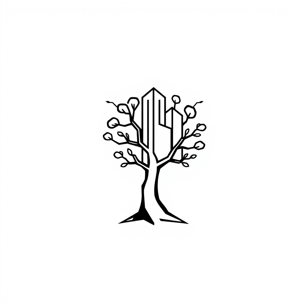Cartoon Logo idea: cartoon style logo for Minimalist architecture logo: a dreamlike tree merging with abstract building geometry, symbolizing dreams, creativity, and gro