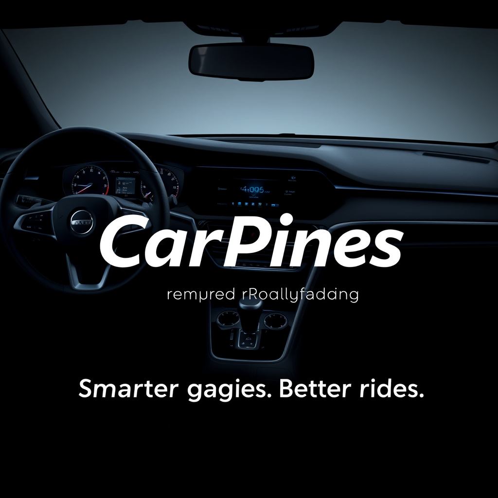 Main logo studio: Modern premium logo for **CarPines**, a car gadgets brand. Sleek modern car interior with subtle technology elements. Dark graphite and black backgrou