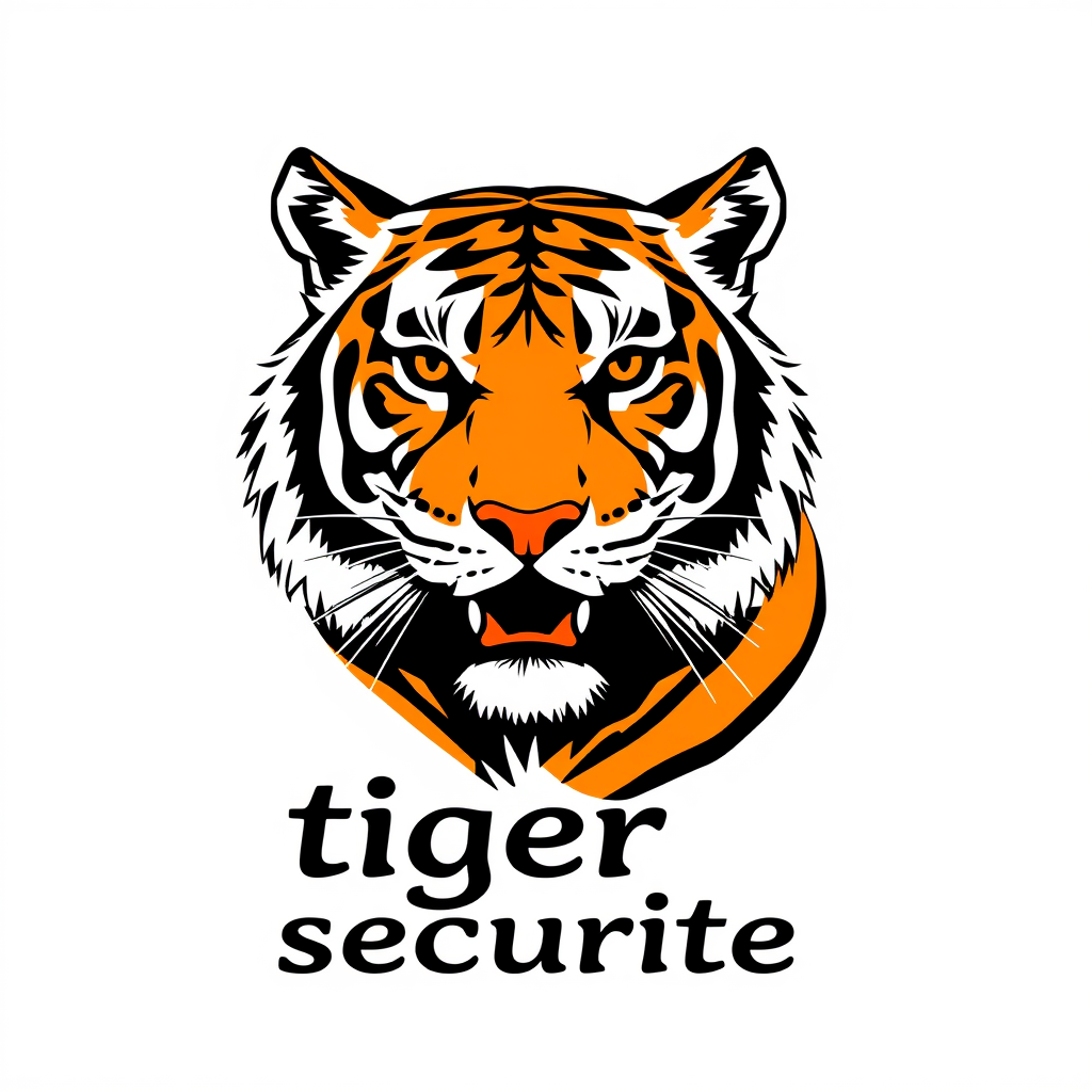 Main logo studio: logo de tigre sur fonds blanc avec couleur orange ; ecrit "tigre securite" en dessous tigre plus réel lettre capitales