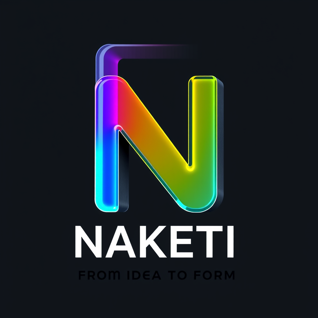 Main logo studio: A professional logo for an outdoor advertising factory named "NAKETI". The logo icon is a 3D volumetric letter "N" made of layered materials: glossy v