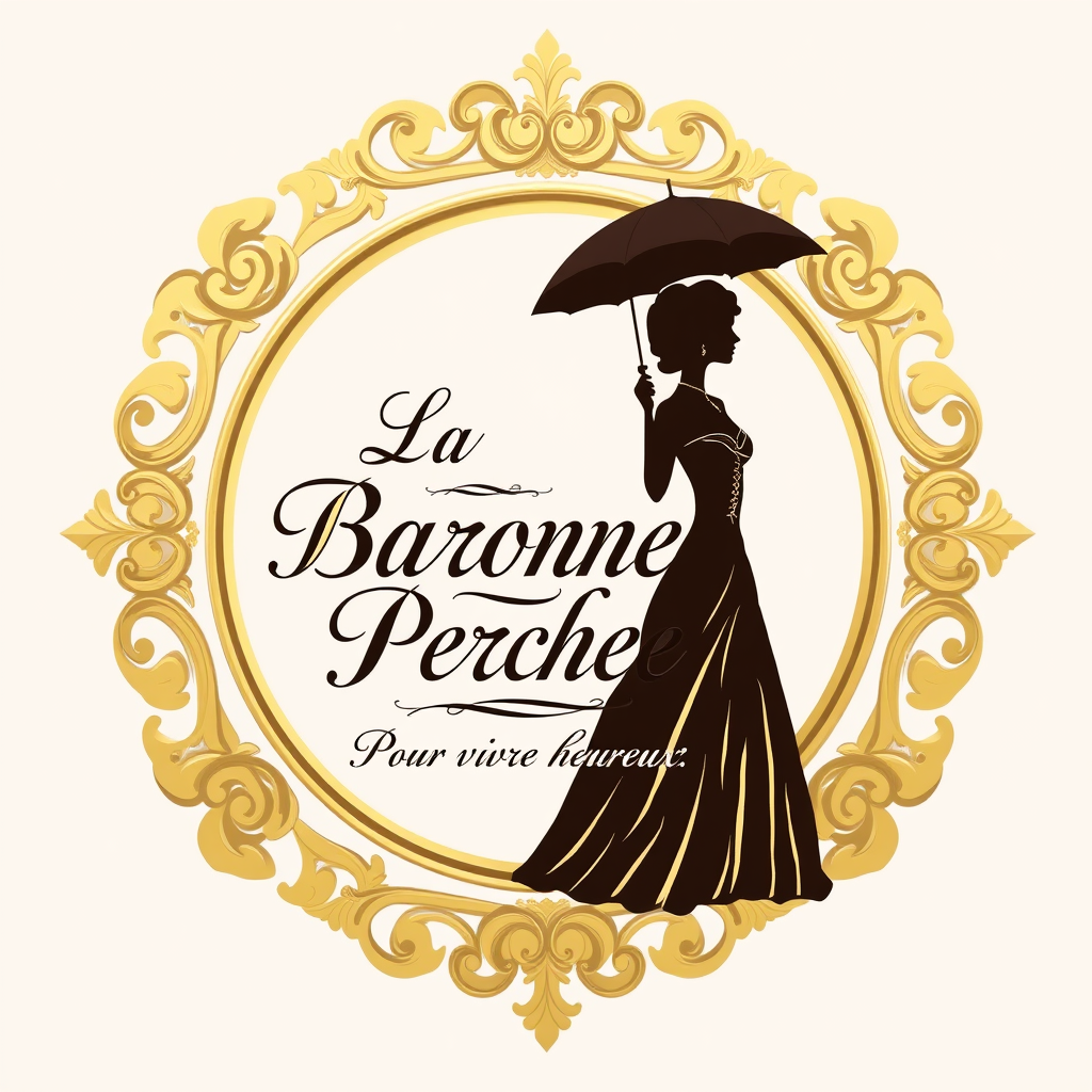 Main logo studio: Crée un logo élégant. Un cadre doré rococo. Au centre : « La Baronne Perchée » en écriture manuscrite calligraphiée, lisible. En dessous, en calligrap