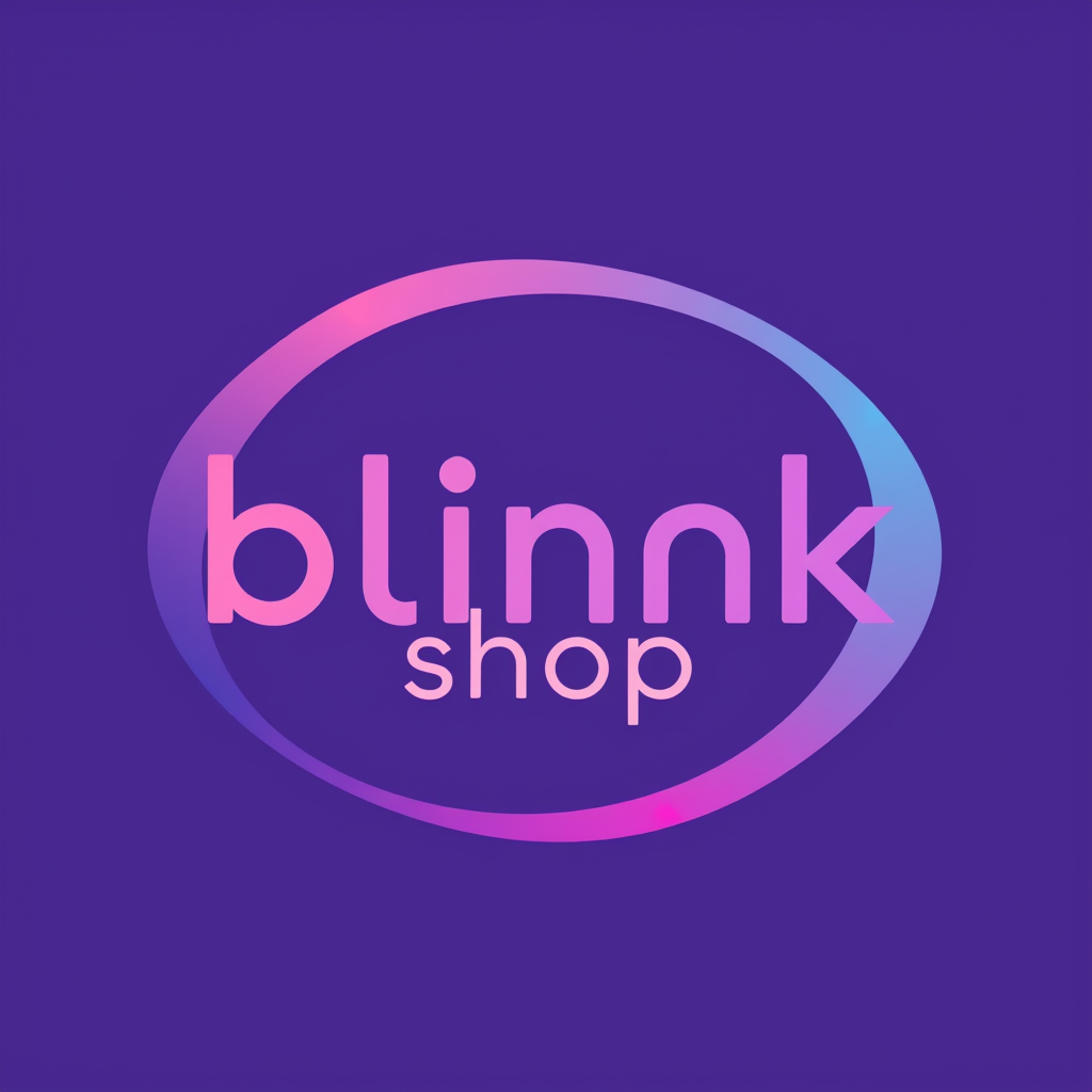 Main logo studio: mi logo tiene que decir blink shop, y tiene que tener colores pasteles de celeste rosa y morado y la forma tiene que ser un obalo que el fondo sea ros