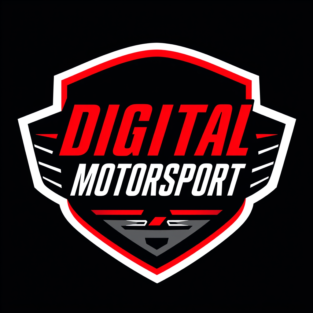 Main logo studio: A sleek, modern motorsport logo for a company called Digital Motorsport. Bold racing-inspired typography, sharp aerodynamic shapes, subtle digital/tec