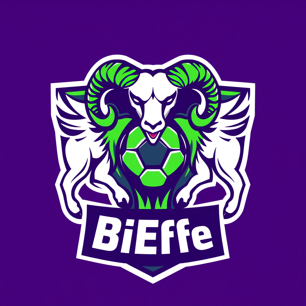 Main logo studio: Football team crest for “BiEffe”, using bold green and purple colors.Feature a soccer ball at the center, with a powerful ram and bull surrounding it,