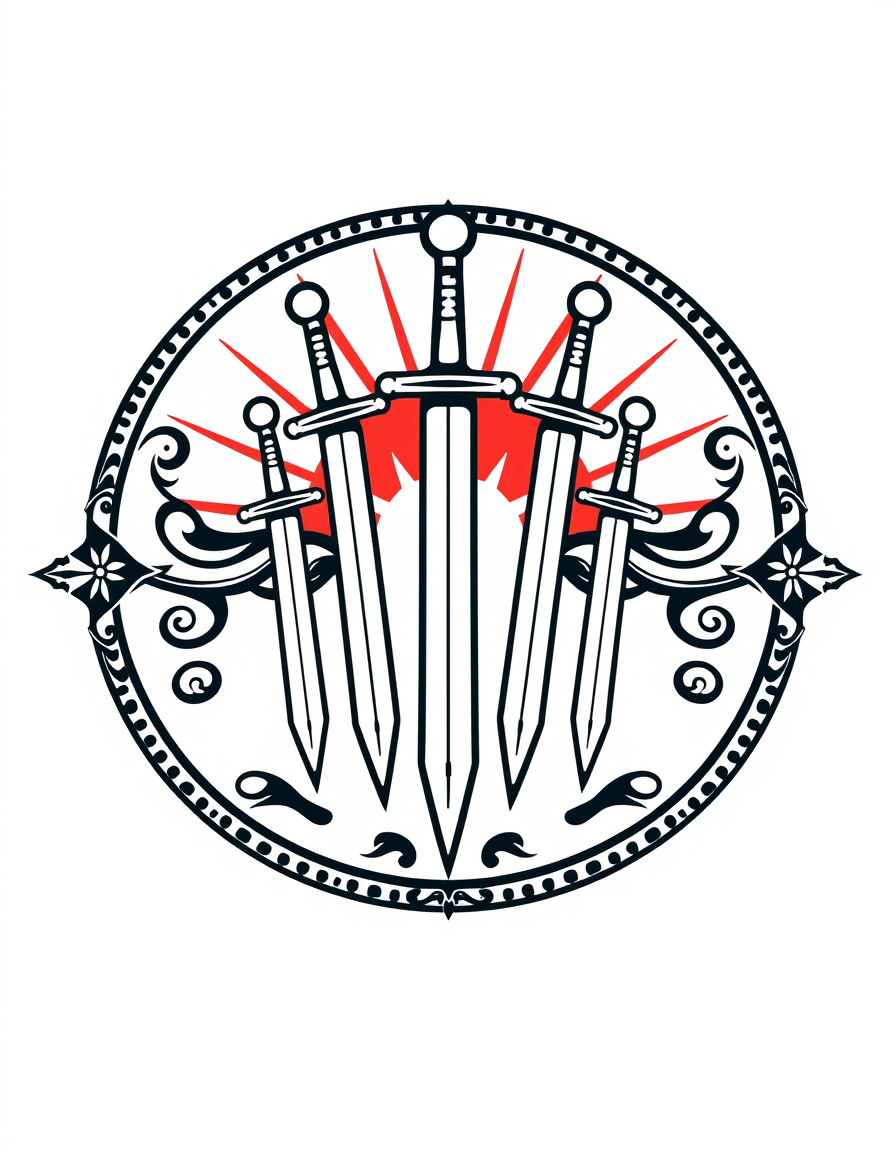 Emblem Logo idea: emblem logo of a guild emblem, The Dawn of Swords, 7 swords pointing down, medieval, a sun in the background , intricate crest seal badge design, symm