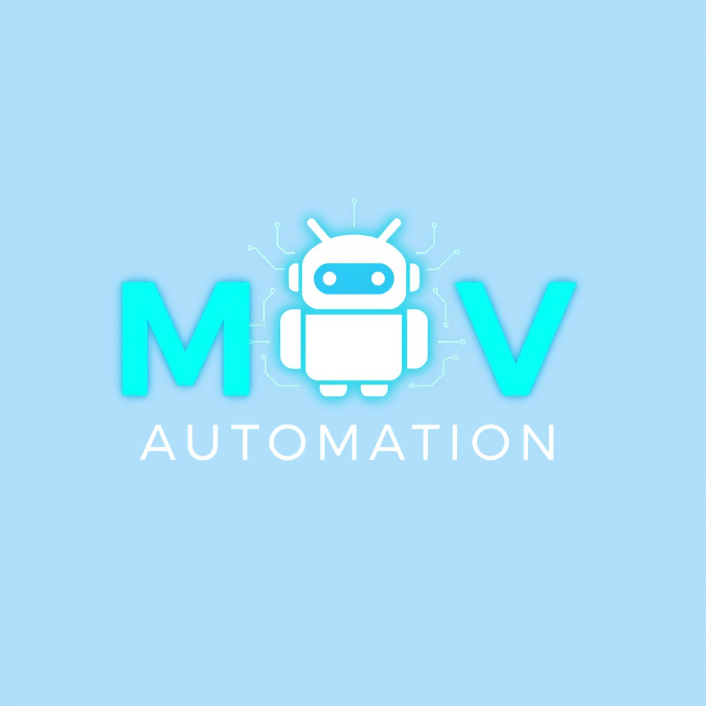 Main logo studio: Create a modern professional logo for “MDV Automation”. Use bright electric-blue text with a clean light-blue background. Add a white emoji-style auto