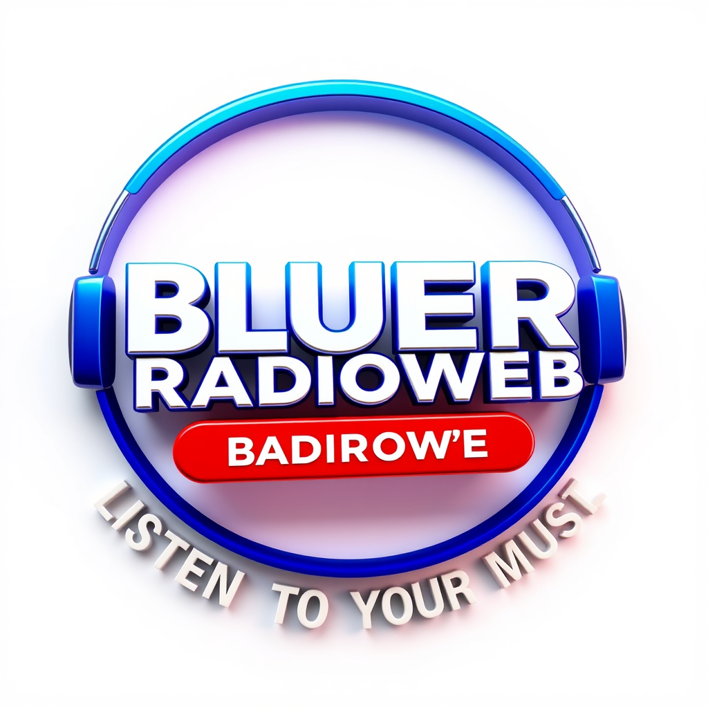 3D Logo idea: 3D logo for Générer un logo radio 3D au nom de BLUERADIOWEB écrit en blanc dans un cadre de couleur bleu foncé avec le slogan LISTEN TO YOUR MUSIC écr