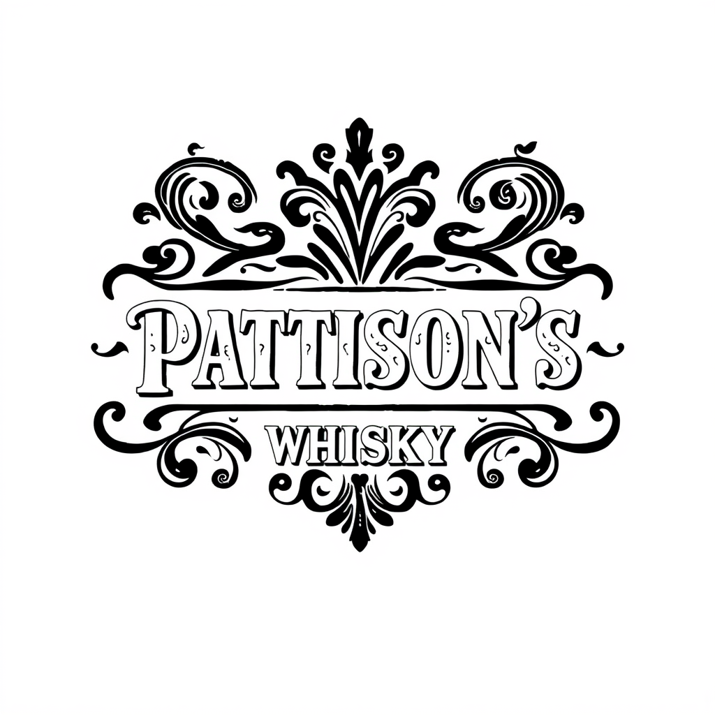 Vintage Logo idea: vintage retro logo for Pattison's whisky, paisley pattern black and white, classic traditional and authentic malt whisky , classic retro design, aged