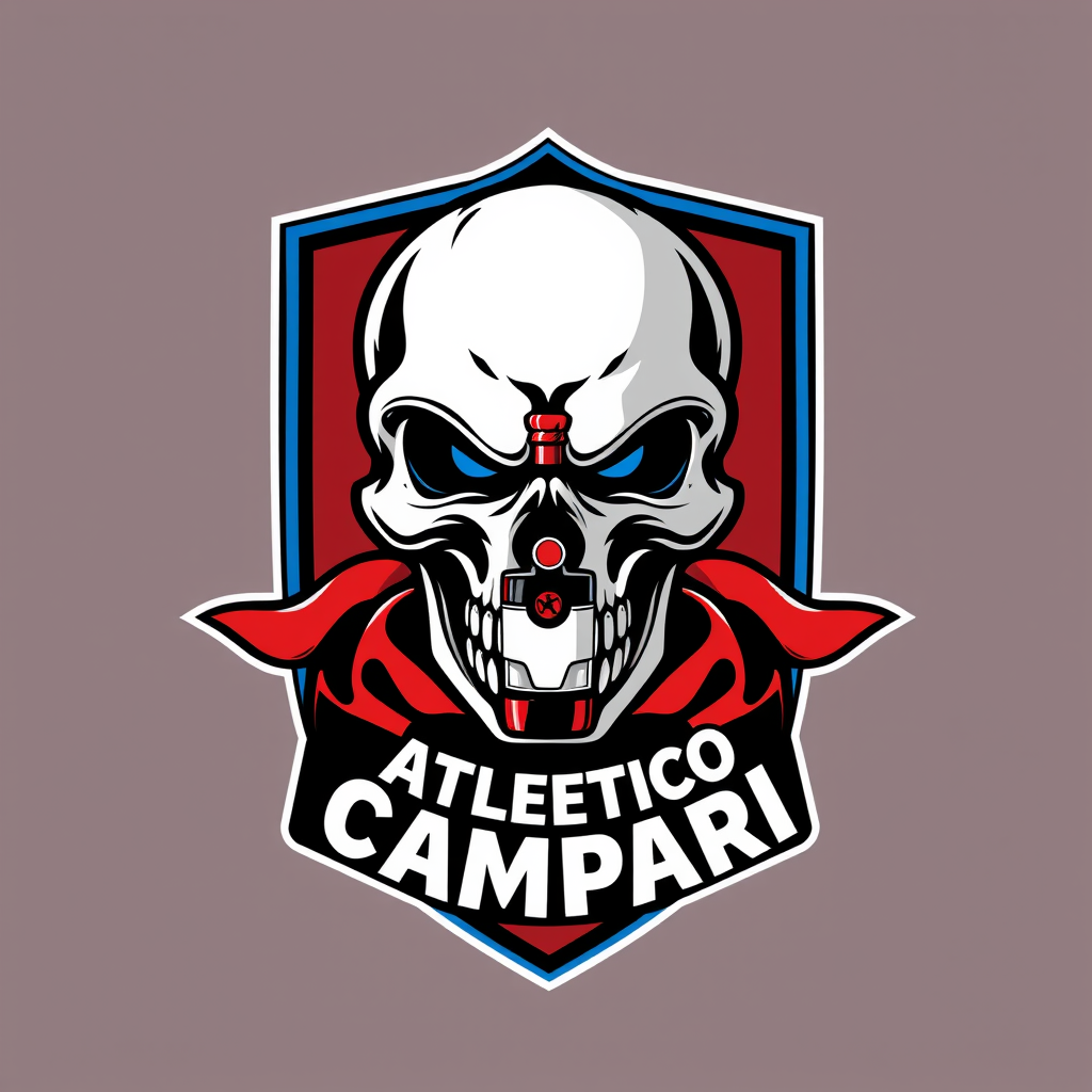 Main logo studio: Football team crest for “ATLETICO CAMPARI”, aggressive stylized skull wearing a football scarf, small Campari bottle integrated into the emblem, domin