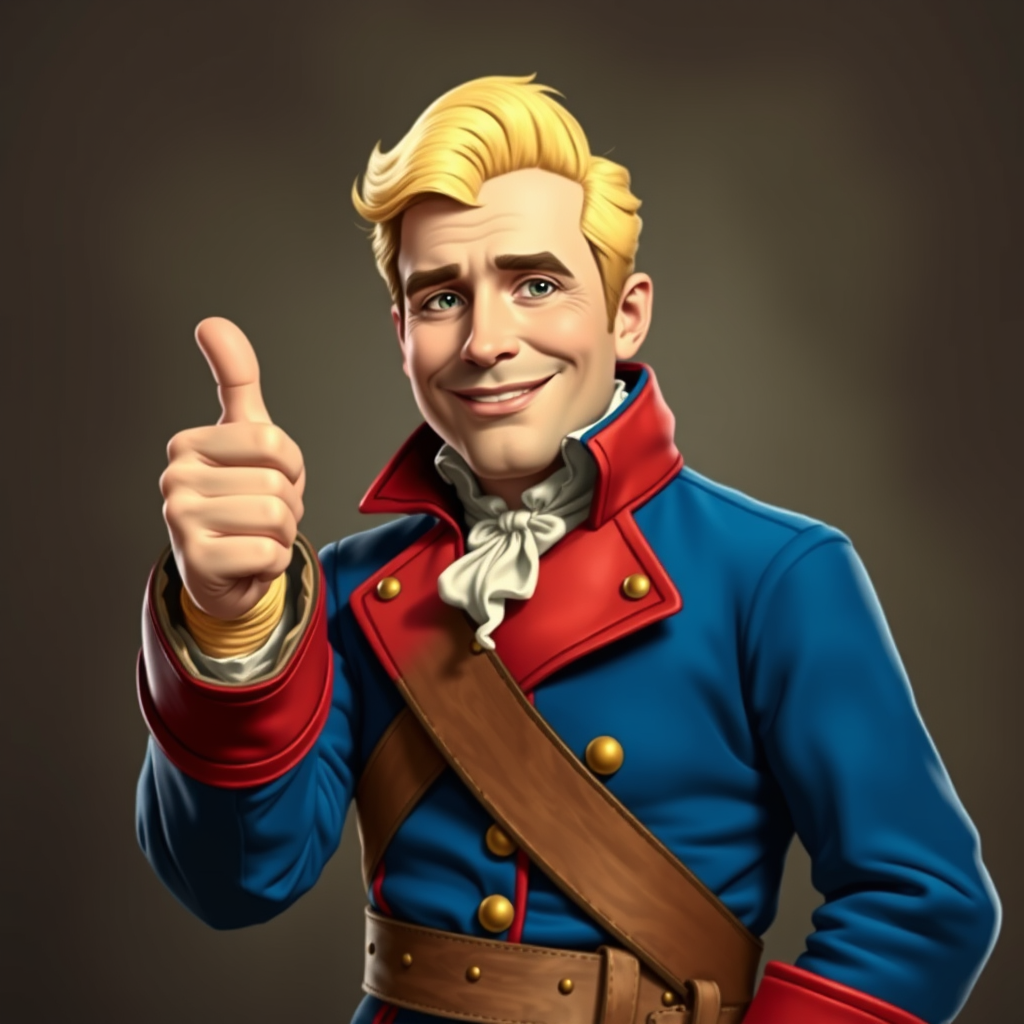 Main logo studio: the fallout guy with napoleonic clothing in blue red white, he is headless and holds his head in his left arm, with his right hand he does the typical