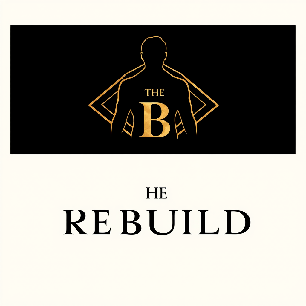 Main logo studio: 1 — Transformation Luxury logo for THE REBUILD. Create an abstract human silhouette breaking apart and rebuilding into a powerful geometric form. Hidd