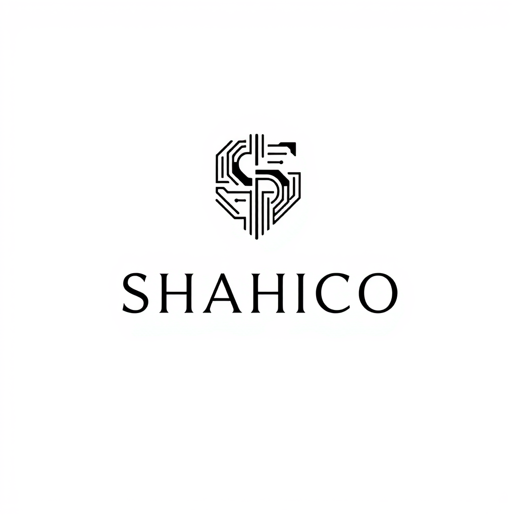 Main logo studio: Create a clean minimalist wordmark logo for "SHAHICO". The letter "S" should be custom-designed using elegant geometric curves combined with extremely