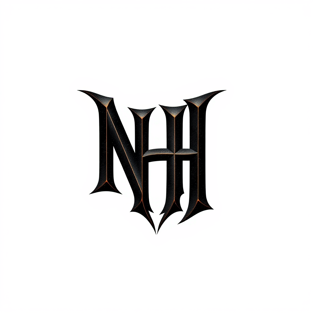 Lettermark Logo idea: lettermark logo of the letters N and H, a online gaming startup, Intertwined and mysterious letters, dark black and light golden. Gothic texture. Blac