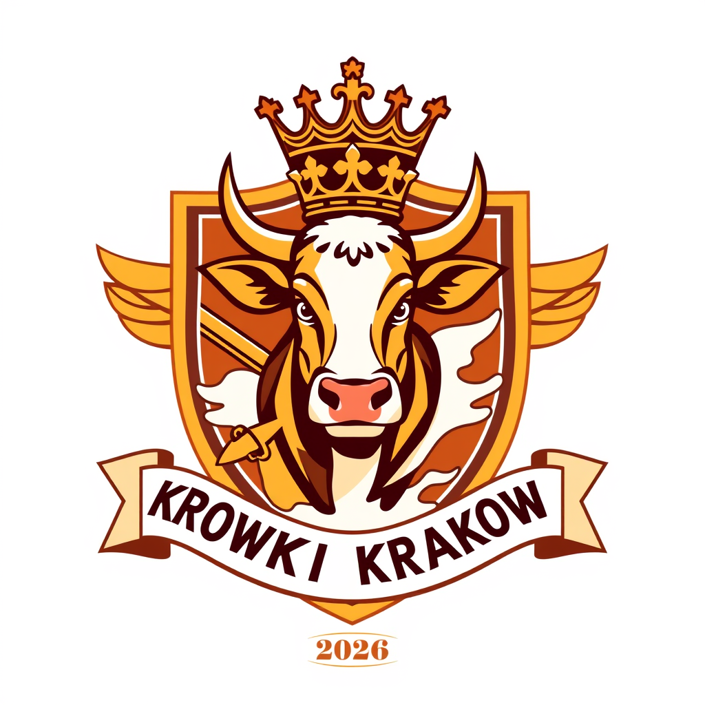 Main logo studio: Vintage retro football club logo for “KROWKI KRAKOW 2026”, fictional Polish club founded in 2026. Classic soccer shield with bold gold border and maje