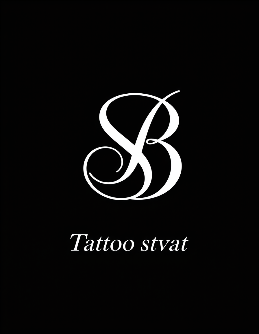 Monogram Logo idea: monogram logo combining the letters monogram of the letters S and B, white on a black background. Below, under the holotype, write "Tatoo svat" in sma