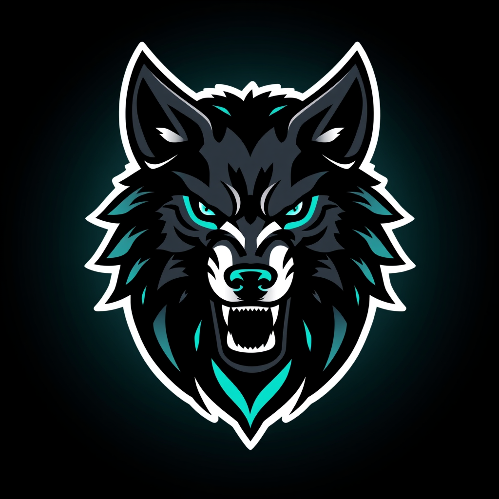 Main logo studio: bold esports team emblem logo, a roaring wolf head, black and neon teal