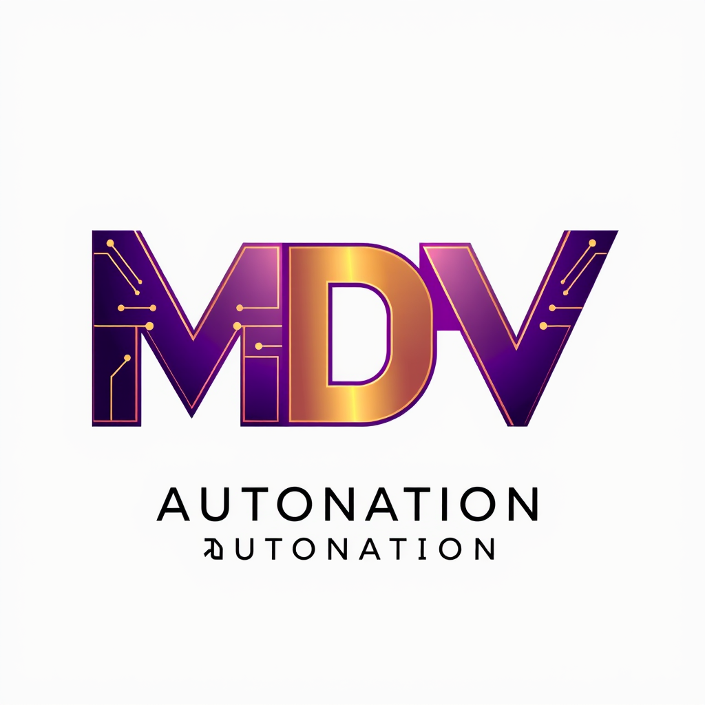 Main logo studio: Create a premium logo for MDV Automation. Design ONE bold monogram with M + D + V, where M, D, and V are all complete, clearly readable, equally promi