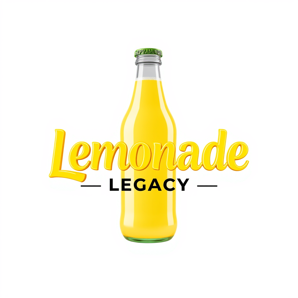 3D Logo idea: 3D logo for make me a logo that is classic with a lemonade bottle . make the logo say Lemonade Legacy. with a summer backround kid friendly bottle , t