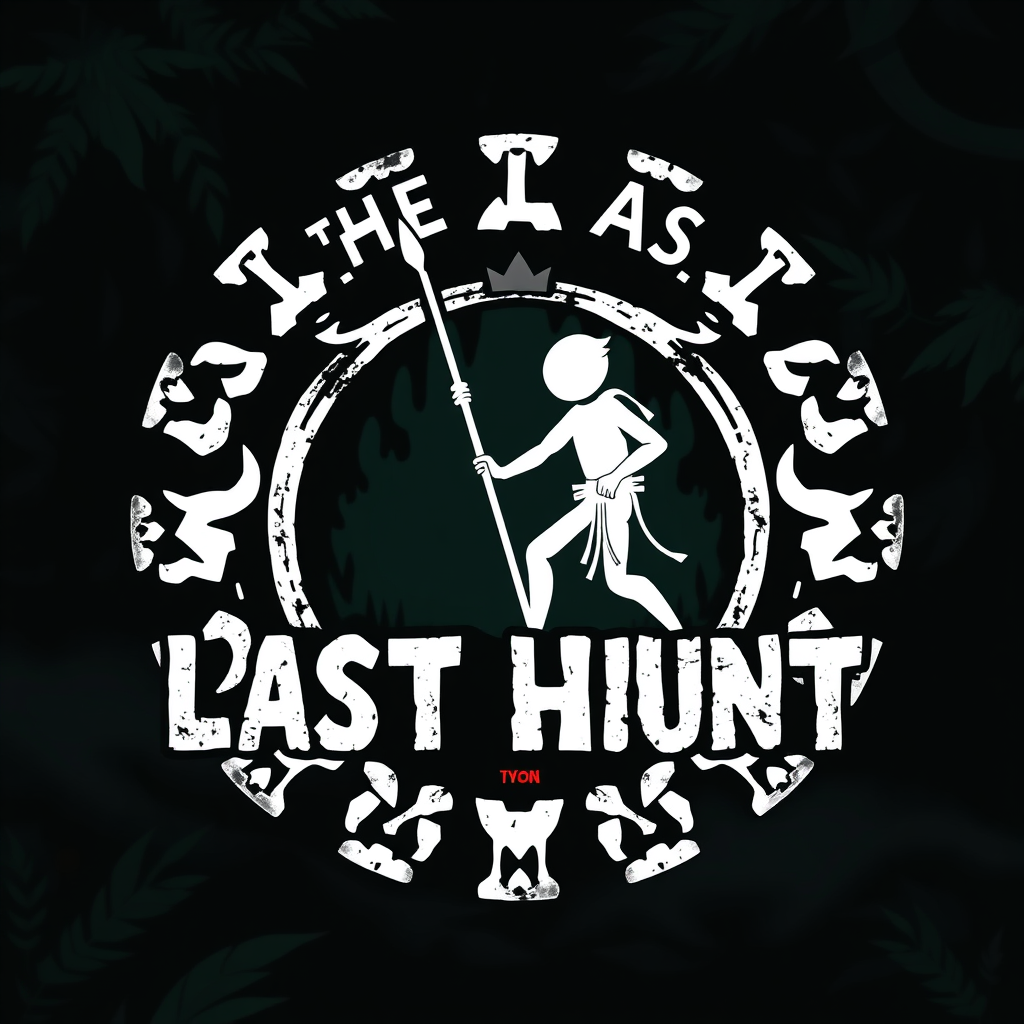 Main logo studio: Create a cinematic logo for “THE LAST HUNT,” featuring a white stickman hunter holding a spear inside an ancient tribal emblem. Dark prehistoric jungl