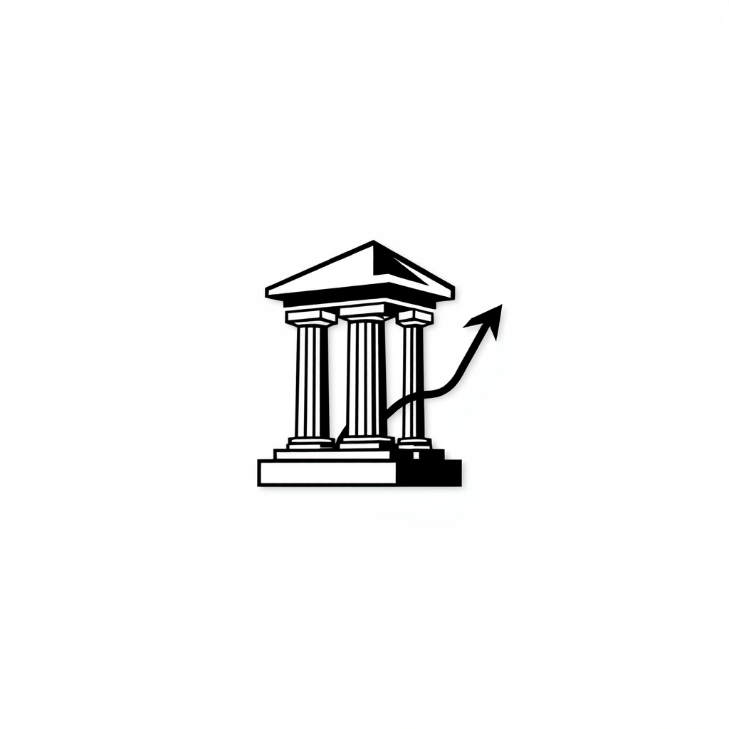 Main logo studio: Corinth Institute for Constitutional Political Economy: A simple 3D black and white logo, clean monochromatic render on a solid white background. An e