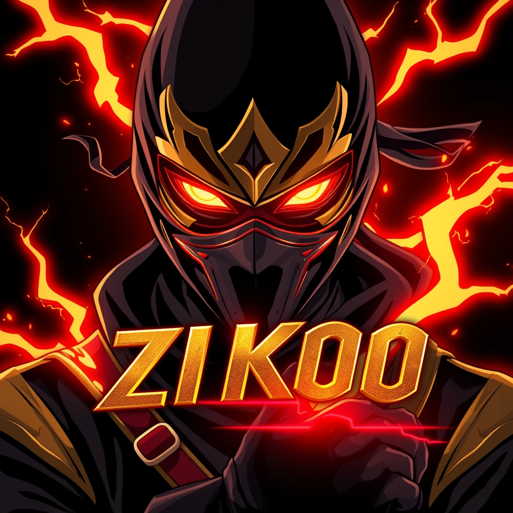 Main logo studio: Create an epic anime gaming profile picture featuring a mysterious masked ninja with glowing golden eyes, wearing a black outfit with gold and red det