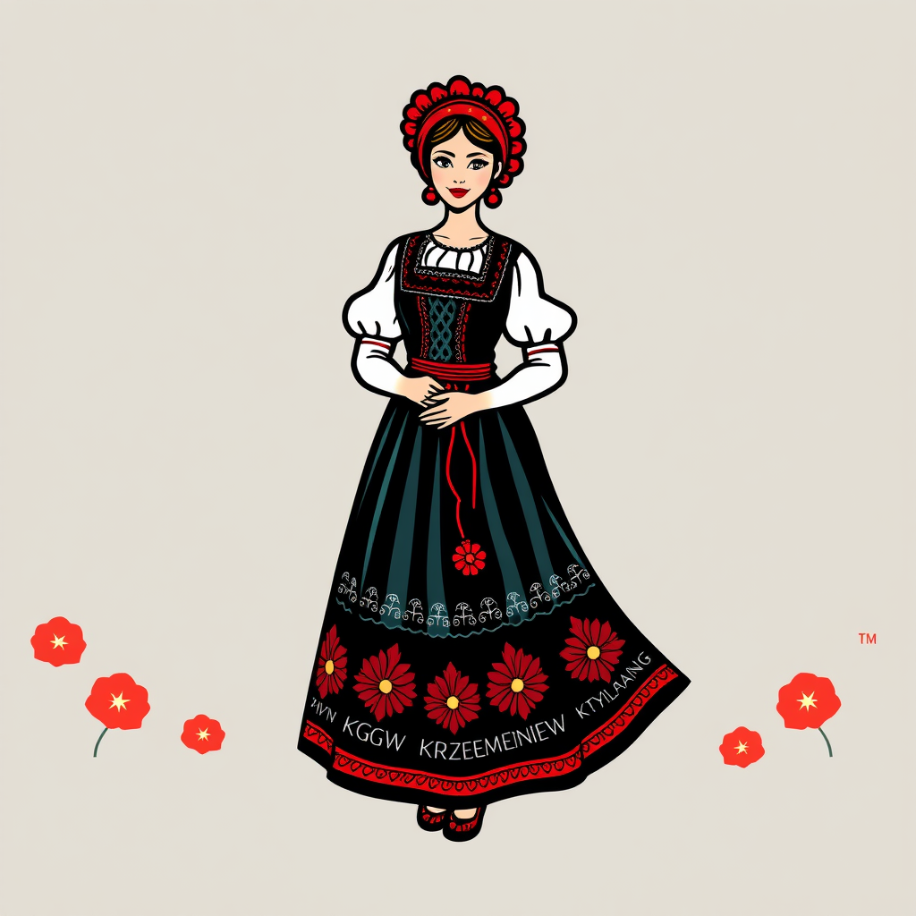 Main logo studio: Stwórz kolorowe, radosne logo dla „KGW Krzemieniew”. Polski folklor inspirowany wzorami łowickimi. Dodaj stylizowaną wiejską kobietę w czarnej spódnic