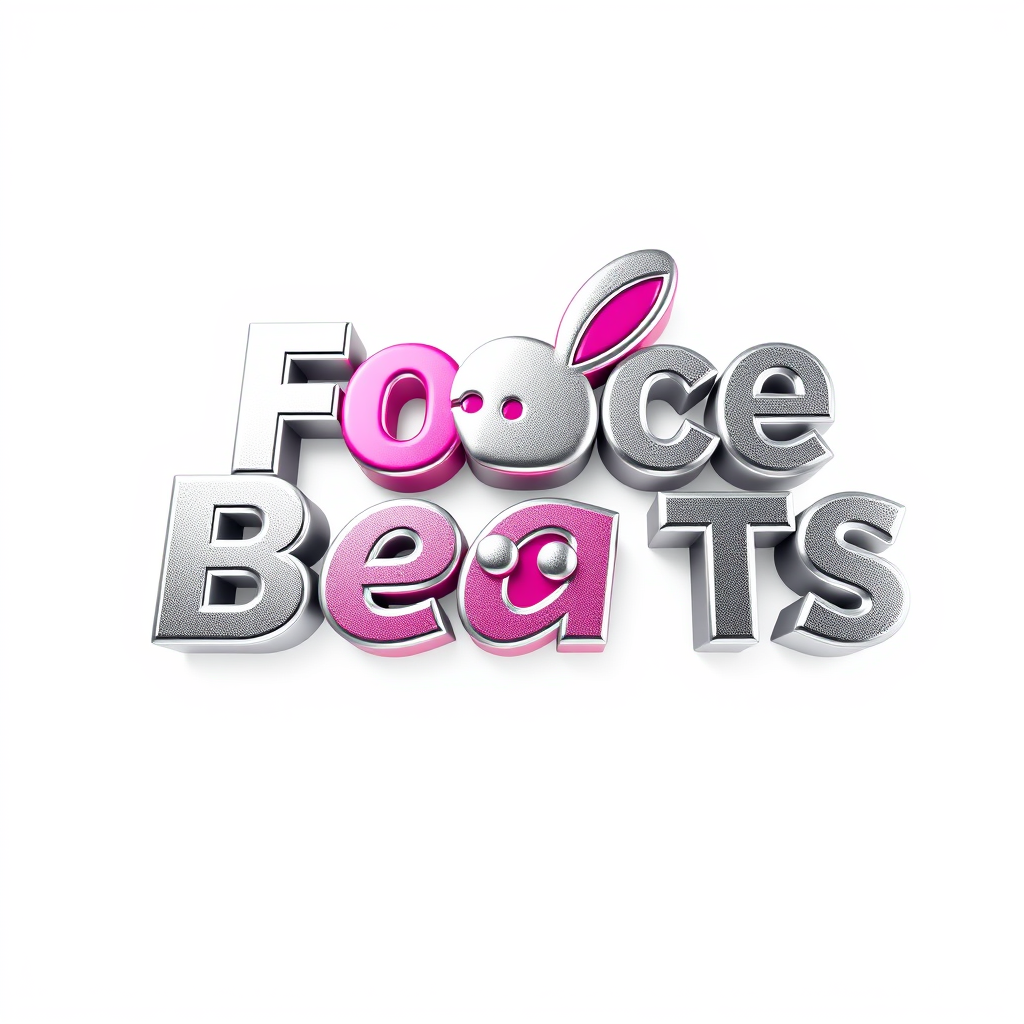 3D Logo idea: 3D logo for Create a sliver and pink logo, 3D text effect With force beats by kitty with a bunny on it , three-dimensional render, realistic depth and